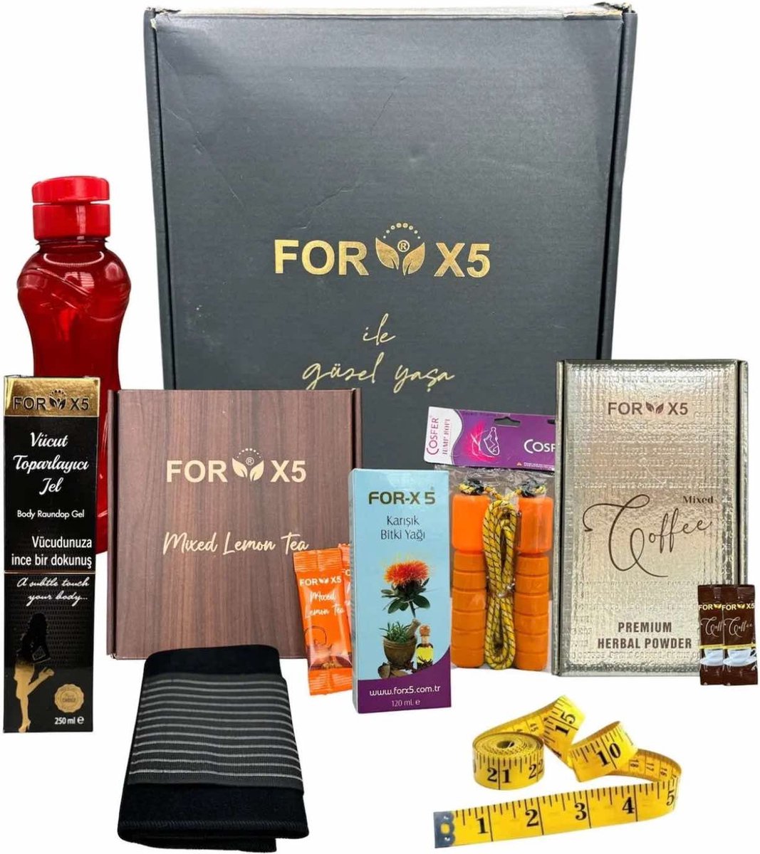 Goedkoopste FORX5 Beautiful Life-pakket Afslank set FORX5 Coffee, FORX5 Thee, FORX5 Lichaamsverstevigende Gel, FORX5 Thermisch Korset, FORX5 Mixed Plant Oil, Touw, Meetlint en Flesje water
