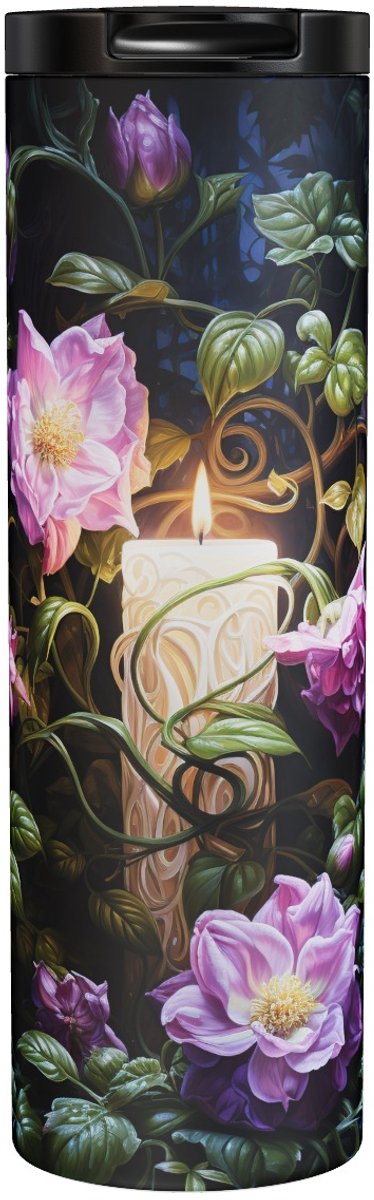 Kaars - Candle With Pink Flowers - Thermosbeker 500