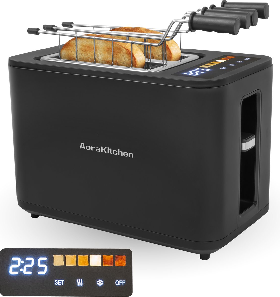 AoraKitchen Broodrooster met Tostiklemmen - 900W - 6 Warmteniveaus - Led Scherm - Toaster - met Timerfuncties - Tosti Apparaat - Zwart
