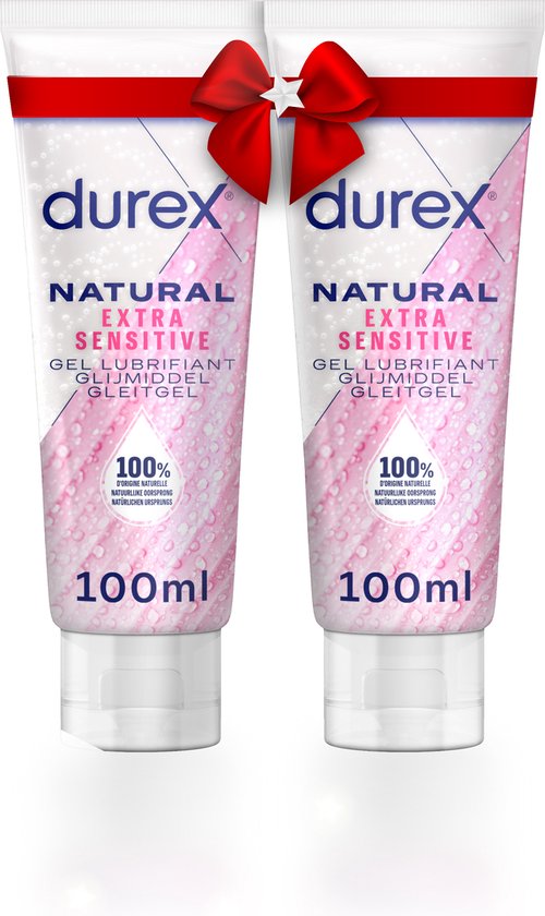 Twee Durex Natural Extra Sensitive glijmiddelextra gevoelige glijmiddel in roze verpakking, 100 ml per stuk, met rode strik.