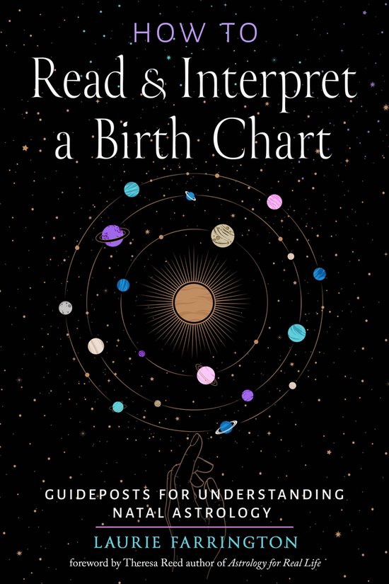 Boekomslag met de titel 'How to Read & Interpret a Birth Chart' op een nachtblauwe achtergrond vol met sterren en planeten.