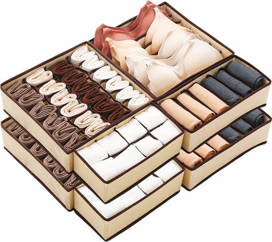 Organizers voor ondergoed - 8 stuks - Ladeverdeler voor BH / Sokken / Stropdassen - Kledingverdeler - Opbergsysteem voor Garderobe - Kleding Organizer - Beige