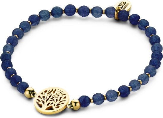 CO88 Collection Beloved 8CB 90229 Bracelet extensible avec éléments en acier - Arbre de vie Ø 12 mm - Natuursteen de jade 4 mm - Taille unique - Blauw foncé / Doré