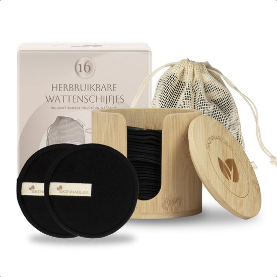 Skinnables Tampons de Coton Réutilisables en Bamboe - Set de 16 Tampons de Luxe avec Sac de Lavage et Support | Doux, durable et respectueux de l'environnement
