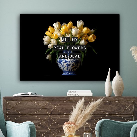 Peinture sur toile 120x80 cm - Décoration murale Citations - Bloem - Tulipe - Jaune - Décoration murale murale salon - Décoration chambre - Accessoires de chambre - Peintures sur toile