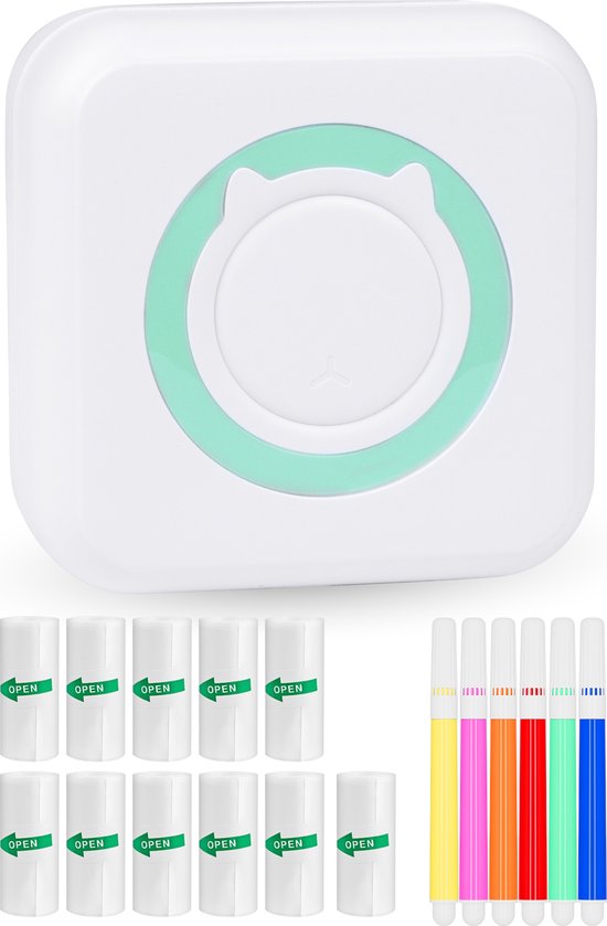 Nuvance - Mini Printer voor Mobiel - Incl. 11 Rollen Papier en Kleurpennen - Mobiele Pocket Printer - Zonder Inkt - Draadloos - Wit
