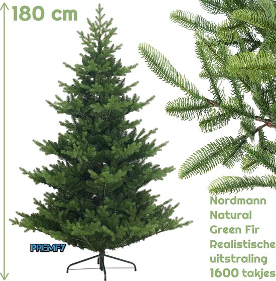 Premfy Nordmann-spar Fir 180 cm Deluxe Kunstkerstboom - 1600 takken - PE + PVC Premium - Zeer Realistische Kerstboom - Zeer echt lijkende Kunstkerstboom - Nordmann Kerstboom - Grand natural Green Fir - Kerstboom Kunststof - Zachte Naalden Spar Binnen