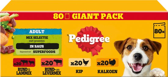 Pedigree Adult - Natvoer Hond - Hondenvoer - Rund Kalkoen Kip - 80 x 100g