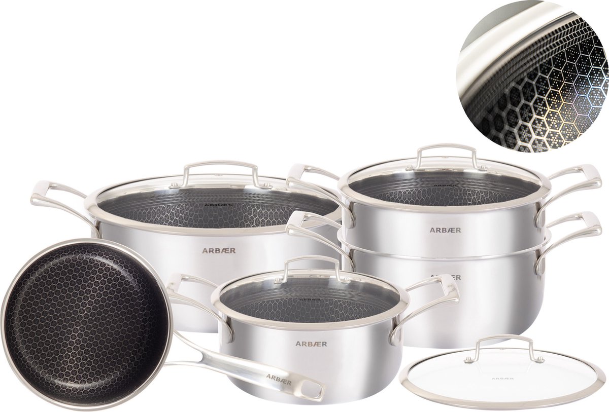 Arbaer 9-delige Pannenset - Inductie, Elektrisch, Keramisch & Gas - Met Honingraat Anti-aanbaklaag - Sauspan, 3x Kookpan met Deksels, Soeppan met Deksel