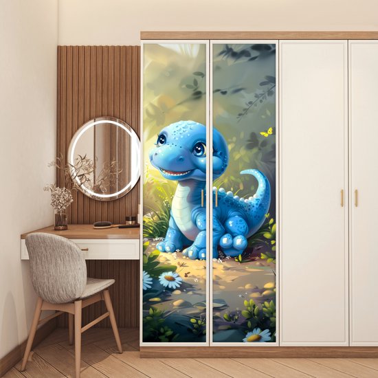 Deurposter 80x205 cm - Deursticker Dino - Blauw - Baby - Dinosaurus - Meubelfolie zelfklevend - Deurfolie kinderkamer - Muurstickers kinderen - Deur plakfolie - Deurbehang sticker - Babykamer decoratie accessoires