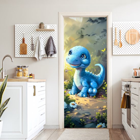 Deurposter 80x205 cm - Deursticker Dino - Blauw - Baby - Dinosaurus - Meubelfolie zelfklevend - Deurfolie kinderkamer - Muurstickers kinderen - Deur plakfolie - Deurbehang sticker - Babykamer decoratie accessoires