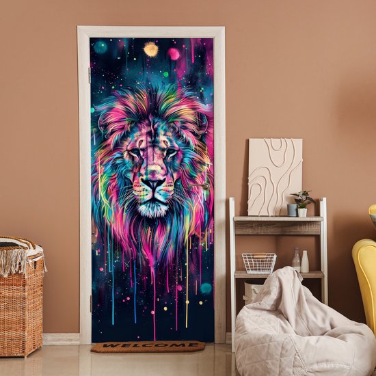 Deurposter 90x205 cm - Deursticker Leeuw - Verf - Kleurrijk - Zwart - Dieren - Meubelfolie zelfklevend - Deurfolie tienerkamer - Interieurfolie kinderkamer - Deur plakfolie - Deurbehang sticker - Kamer decoratie tieners