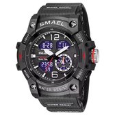 Heren Horloge Zwarte klok kast- Zwarte rubber band | Smael | Waterdicht 50M|Glow in dark | SE8007 | Mud Master | Leger | Army | Zwarte Horloge | Grof | Licht | Rubberen band | Timer | Eyecatcher | Master| Cadeau | BIGBANG | kado|