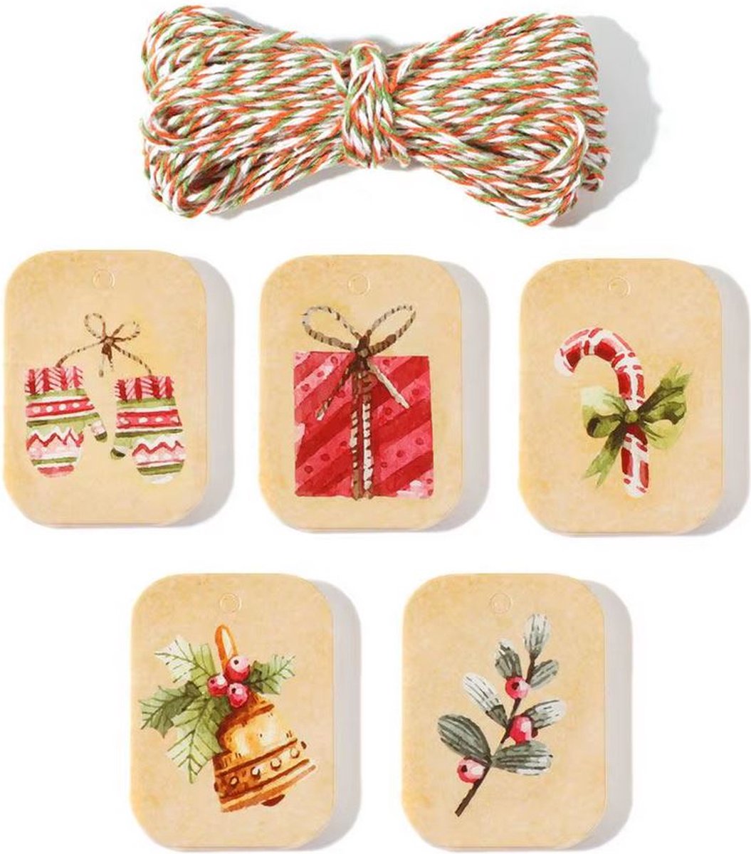 50 stuks kerst labeltjes kraft - cadeau labels met touw 6.8 x 4.5 cm