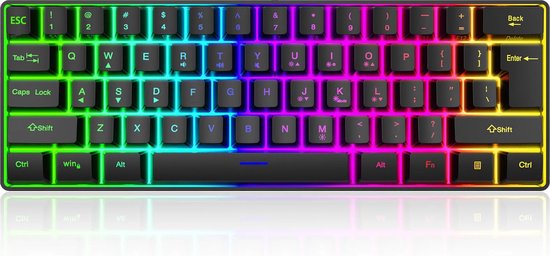 Professionele Ergonomisch Mechanisch Toetsenbord - 60% Compact – Instelbare RGB Verlichting - Voor Kantoor, Thuiswerken en Gamen – Bedraad – Zwart