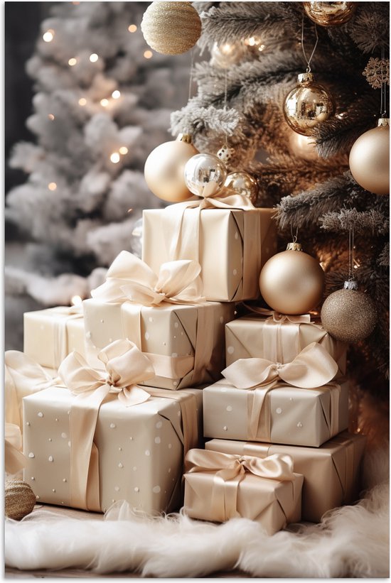 Poster 60x90 cm - Kerstboom - Cadeaus - Kerst - Kerstballen - Goud - Posters - Kamer decoratie - Wanddecoratie woonkamer - Muurdecoratie slaapkamer - Kerstversiering - Kerstdecoratie voor binnen - Kerstmis
