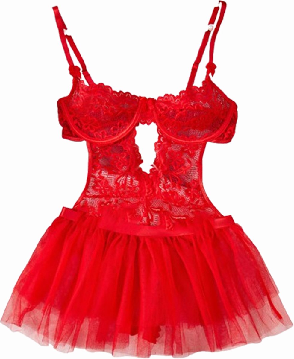 Goedkoopste Verleidelijke Rode Bodysuit met losse Rok - Doorschijnend - Lingerie - Catsuit