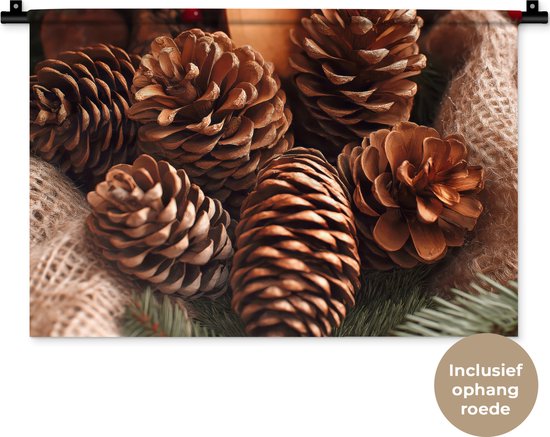 Wandkleed 60x40 cm - Wanddoek Dennenappels - Boom - Winter - Natuur - Bruin - Wandtapijt - Wandkleden