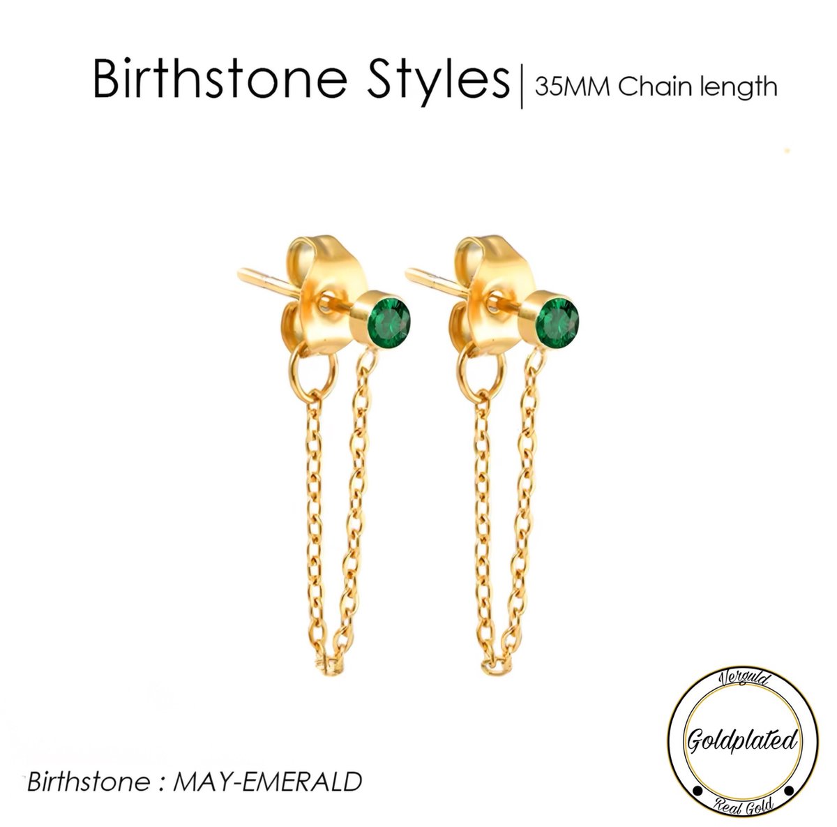 Borasi Birthstone Oorbellen Met Hanger Mei | Goldplated | Donkergroen | Dames Sieraden |