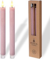 Twee roze, gegroefde LED-kaarsen met vlam en een doos met twee identieke kaarsen. Tekst op de doos: PENCIL CANDLE, LED TECHNOLOGY.