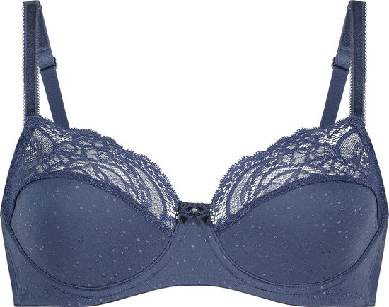 Blauwe beugel bh met polkadotprint en kanten bovencups.