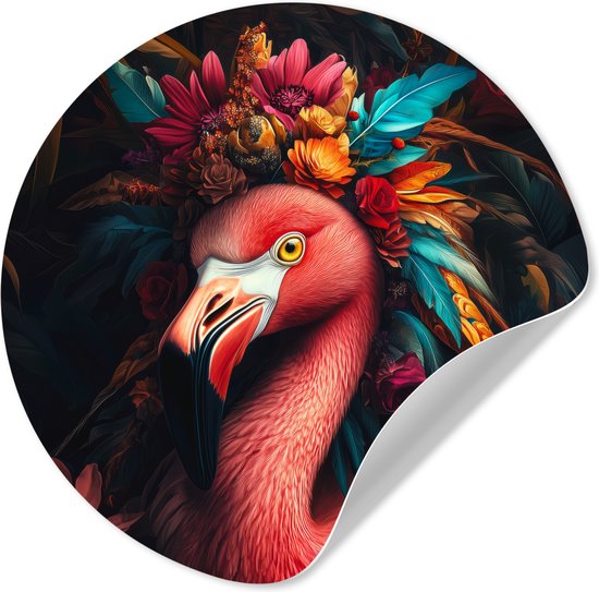 WallCircle® - Behangcirkel 50x50 cm - Muurstickers Flamingo - Kleuren - Bloemen - Veren - Muurcirkel woonkamer - Wandcirkel slaapkamer - Kamer decoratie zelfklevend - Muurdecoratie accessoires