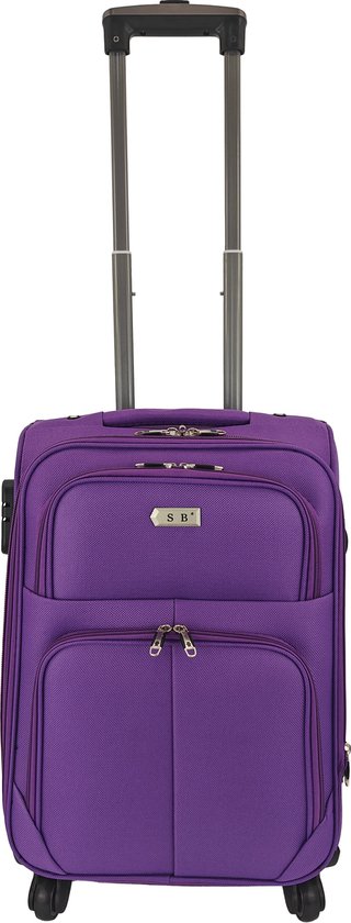 Paarse handbagage koffer met uitschuifbaar handvat, twee voorvakken en vier wielen.