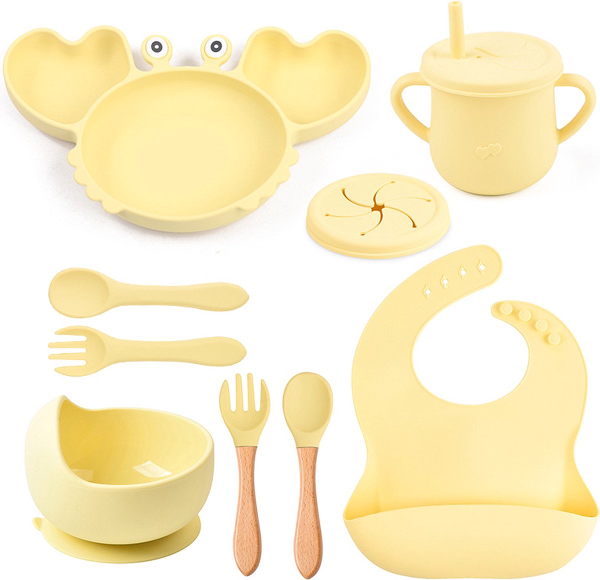 Image of 8-delige serviesset met zuignap - Siliconen babyvoeding set - voedselveilig - BPA-vrij - Geschikt voor kinderen - geel