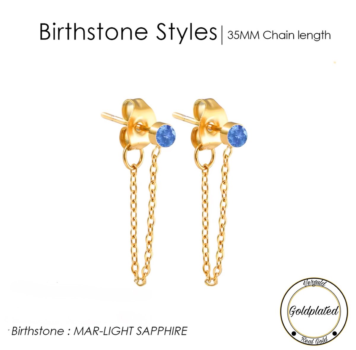 Borasi Birthstone Oorbellen Met Hanger Maart | Goldplated | Lichtblauw | Dames Sieraden |