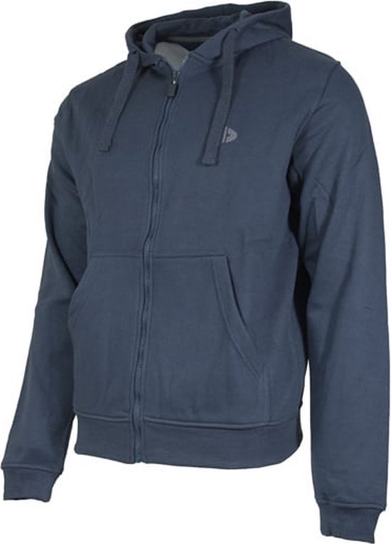 Donkerblauwe hoodie met rits, logo op de borst, van voren.