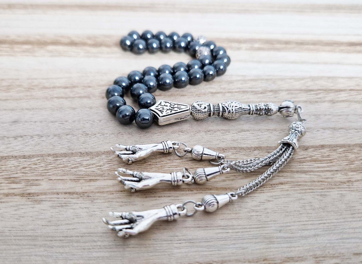 Handgemaakte tesbih "tasbih" natuursteen "Hematiet" - Aantal kralen 33 - Diameter kralen 8 MM - met metaal tassel "model 8" - Een mooi cadeau-idee