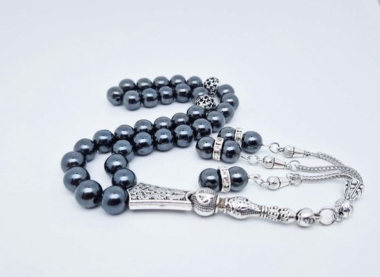Tesbih "tasbih" fait main en pierre naturelle "Hématite" - Nombre de perles 33 - Perles de diamètre 10 MM - avec pompon en métal "modèle 10" - Une belle idée cadeau