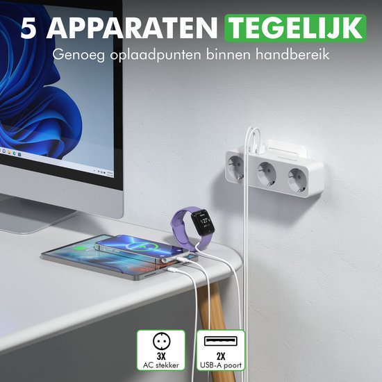 Prise d'alimentation 3 voies Travelhawk - Répartiteur de prise - 2 Portes USB - Wit