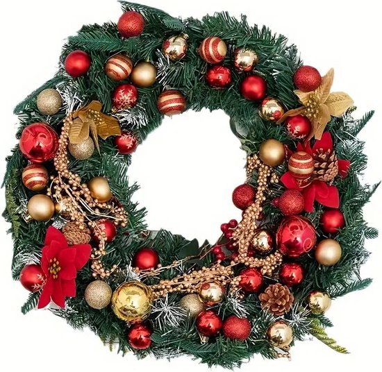 Een kerstkrans versierd met dennenappels, rode en gouden kerstballen, gouden takjes, rode bessen en een rode bloem.