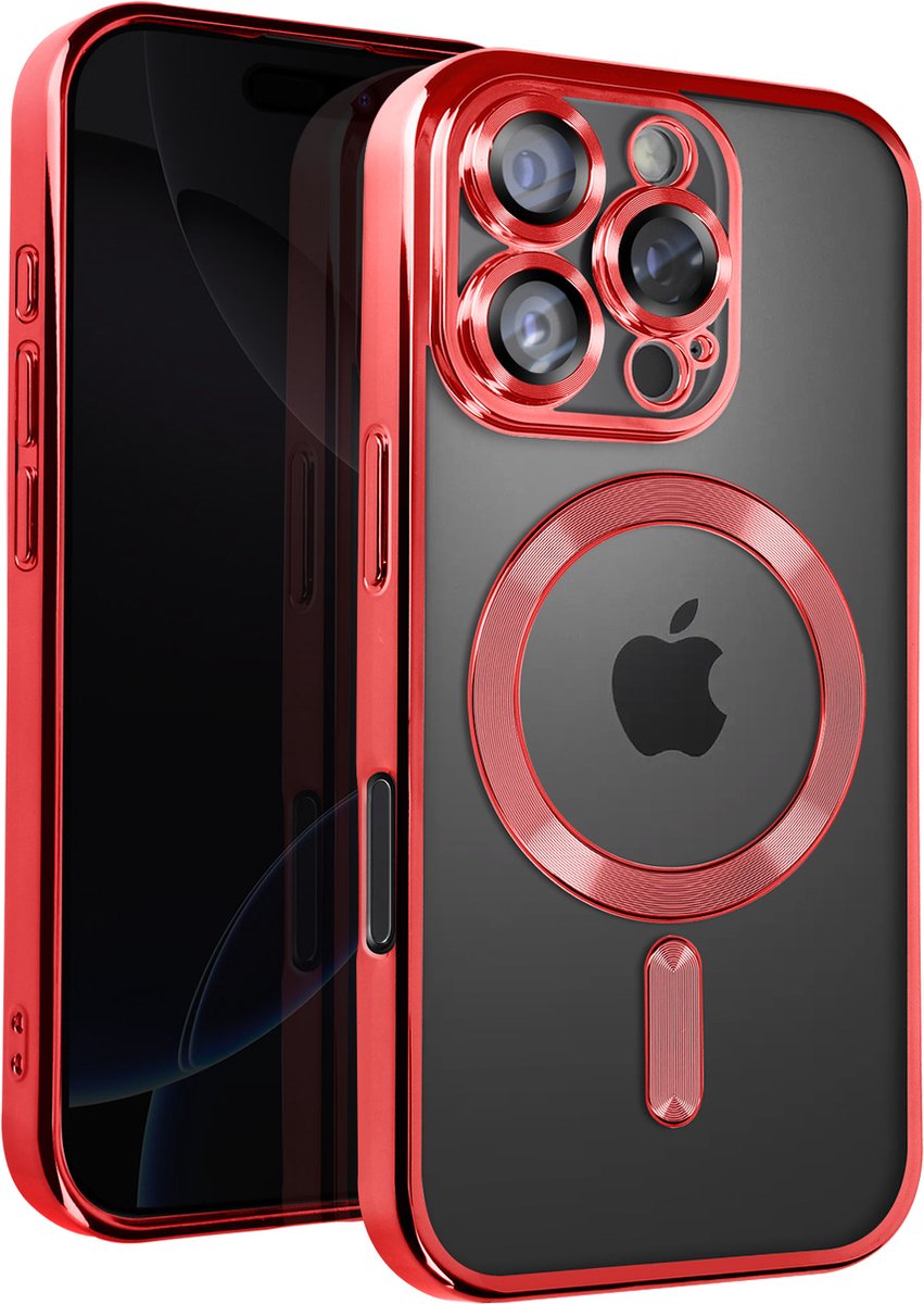 Avizar MagSafe hoesje Geschikt voor Apple iPhone 16 Pro Silicone chromen montuur, Rood