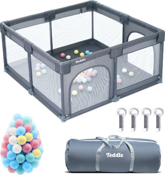 Teddle Parc bébé – Boîte de jeu avec 50x balles de jeu – Boîte à chenilles pour bébé – Parc pour bébé – 120x120cm – Gris
