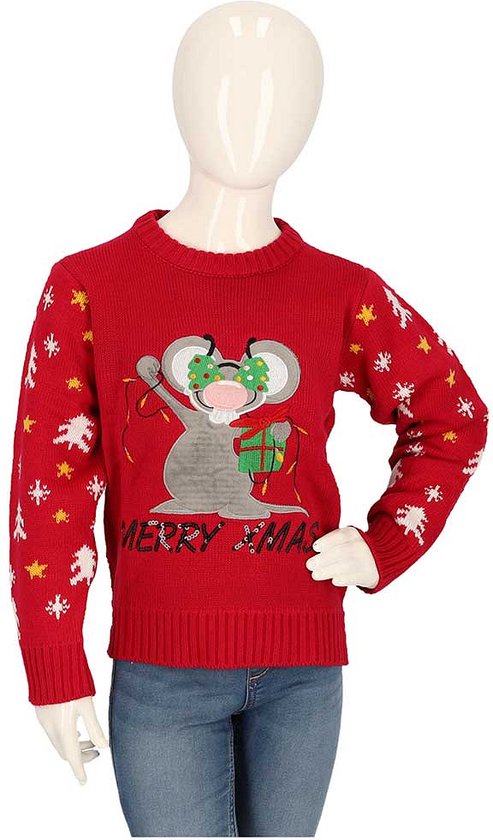 Pull de Noël rouge orné d'une souris avec des guirlandes lumineuses et un cadeau. Inscrit 'Merry Xmas'.