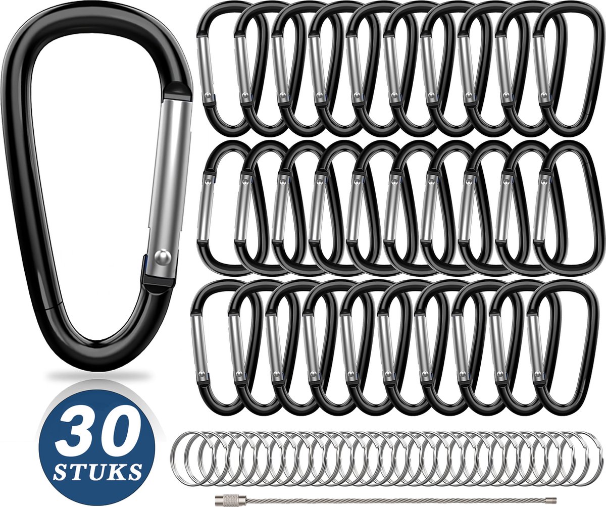 30-Delig 50mm Zwart Karabijnhaken Set met 30 Sleutelringen - Musketonhaak Sleutelhangers voor Volwassenen - D Carabiners - Karabijn haak Keychain - Klein Karabijnsluitingen en ringetjes - DIY Hobby Musketon Sluiting - Mini Karabiners