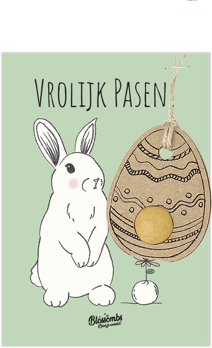 Blossombs Wenskaart met Zaadbom - Vrolijk Pasen, Konijn - Hanger met Bloembommetje