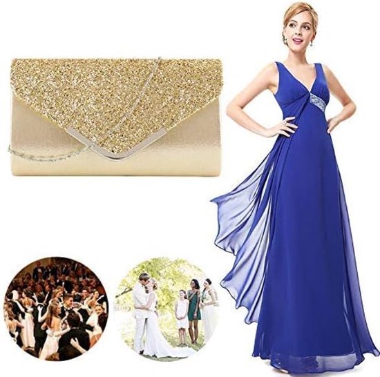 Gouden glitter clutch naast een model in een blauwe avondjurk. Kleine ronde afbeeldingen van een balzaal en een bruiloft.