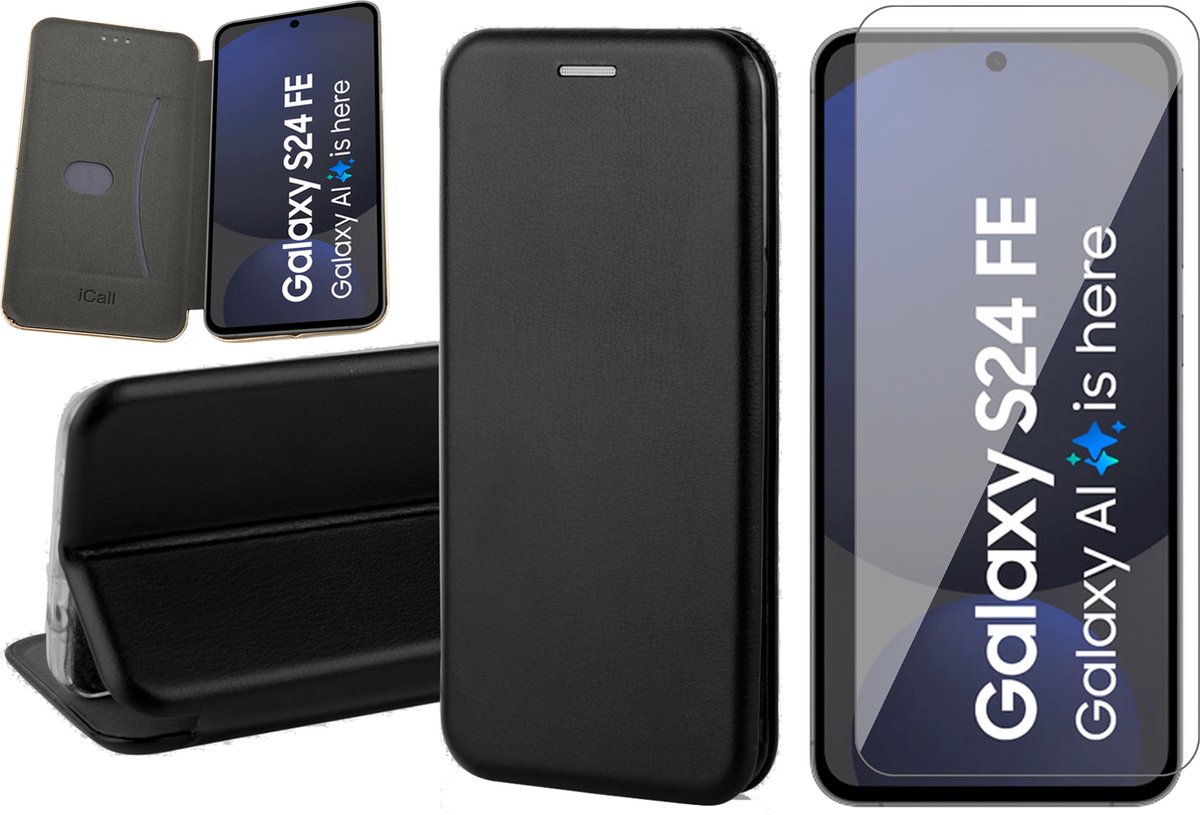 Hoesje geschikt voor Samsung Galaxy S24 FE - Screenprotector Glas - Wallet Book Case Zwart