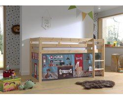 LUCEVI - Pino Halfhoogslaper H115CM + Ladder + Pet Shop Gordijntjes - Bruin - 90x200 cm