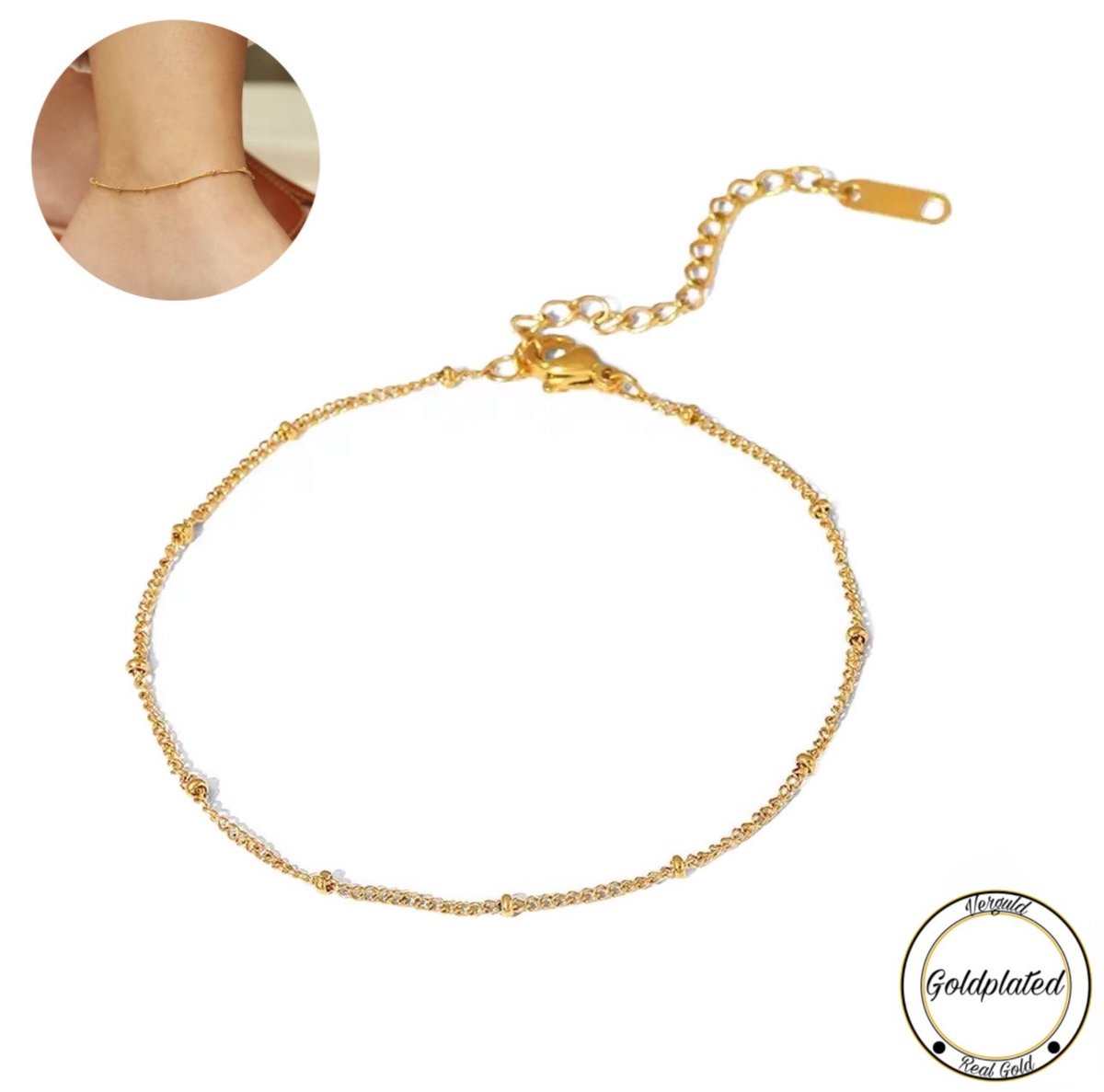 Borasi Minimalist Enkelband Goudkleurig | Goldplated | Enkelband Met Balletjes | 25 cm | Dames Sieraden | Enkelband |
