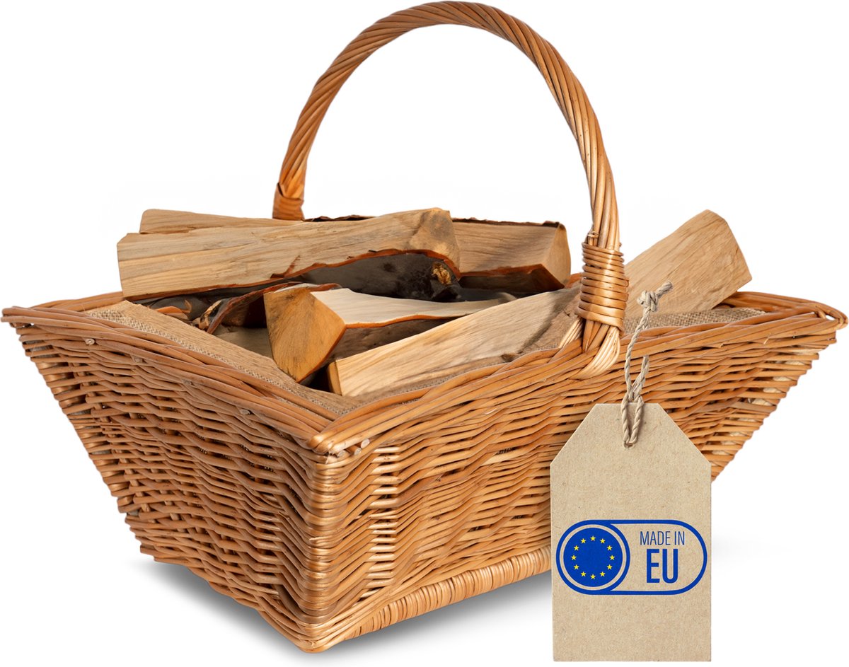 Creative Home Grote Brandhoutmand Rieten Houten Mand voor Brandhout | 50 x 40 x 37 cm | met Binnenvoering van Jute | Houtdrager Houten Draagmand