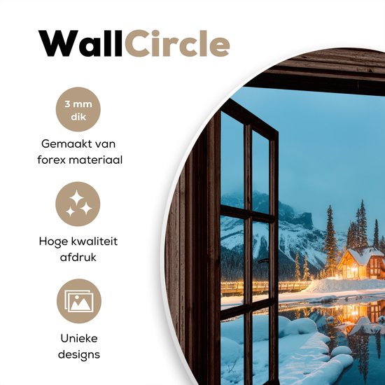 WallCircle® Wandcirkel 30x30 cm - Muurcirkel Doorkijk - Winter - Landschap - Natuur - Huis - Bergen - Muurdecoratie woonkamer - Wanddecoratie slaapkamer - Kamer decoratie accessoires - Ronde schilderijen