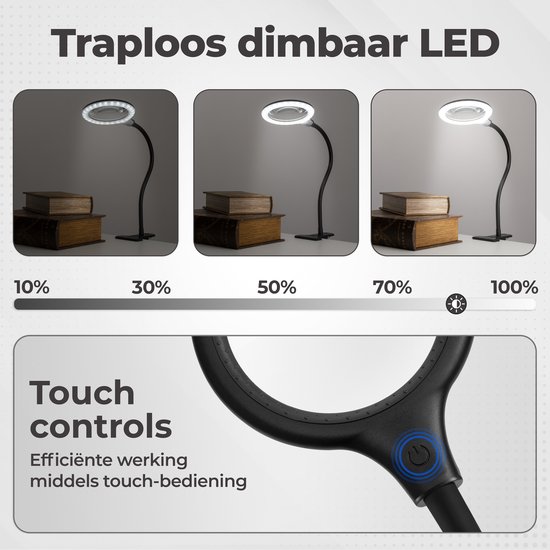 Loeplamp met traploos dimbaar LED-licht (10-100%) en touch controls, getoond met boeken.