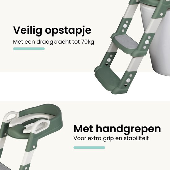 Dichtbij opname van een groene WC verkleiner met witte trap met handvatten en een zitting.
