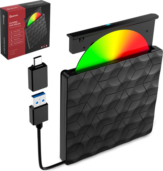 Quarum Externe DVD/CD Speler & Brander - Voor Laptop & MacBook - Data & Voeding via USB 3.0 of USB-C - Plug & Play- 0026