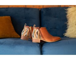 Inkkas, Brown leather Bootie, Dames, Enkellaars, Suede, Old Western Print, Rubberzool, Maat 37