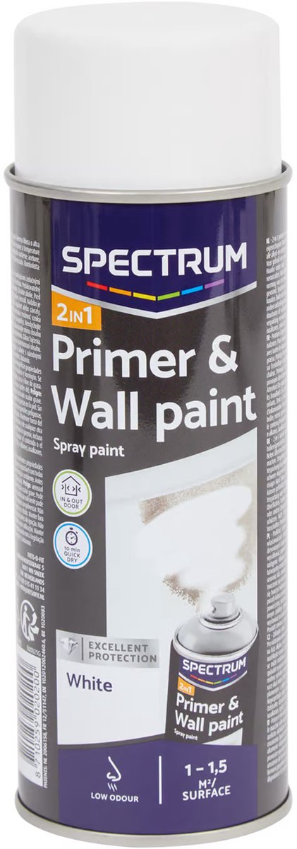 Spectrum - 2 in 1 Spuitbus - spuitverf - primer en muurverf all-in-one - wit - 400 ml